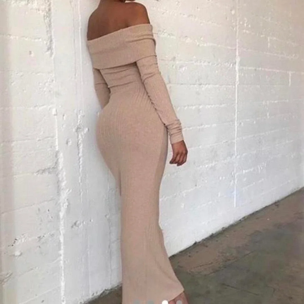 House of CB Anfisai Ribbed Knit Off‎ Shoulder Maxi Dress XS Biscuit Beige NWT